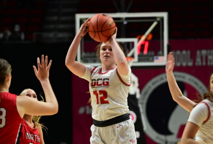 Dallas Center-Grimes' Vanessa Bickford takes a shot during a Class 4A state tournament quarterfinal game against North Polk on Tuesday at Wells Fargo Arena in Des Moines. (Photo by Ryan Timmerman)